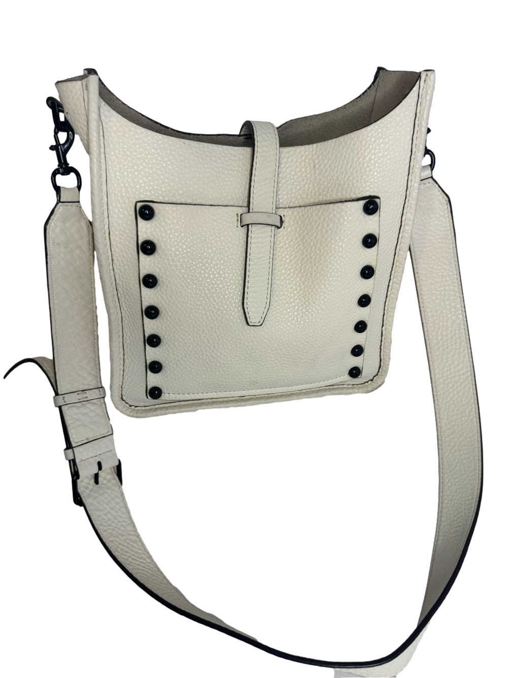 #381 Rebecca Minkoff Unlined Pebbled Leather Studded Feed Shoulder Crossbody Bag